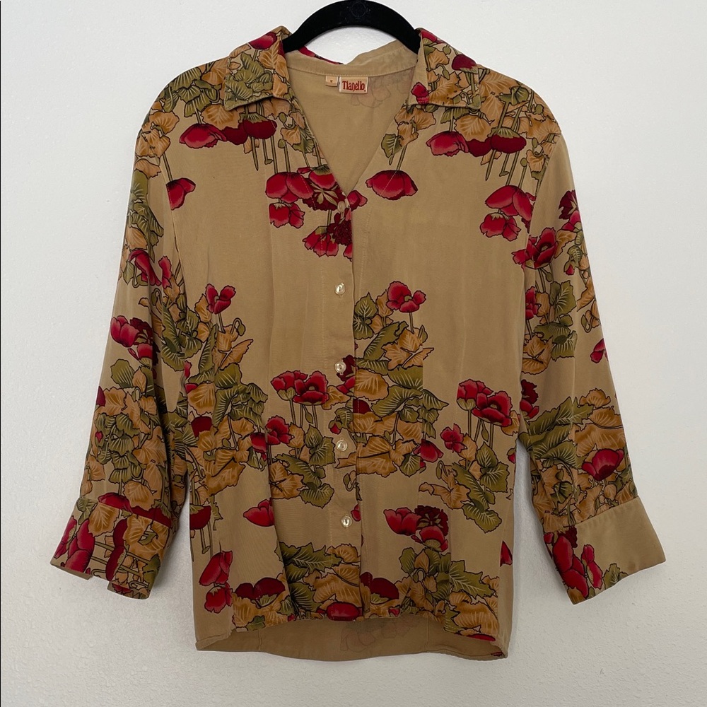 Tianello Red and Tan Floral Button-Down Shirt
